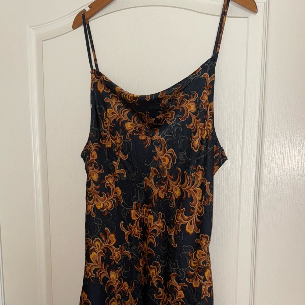 Tea length satin cowl neck dress